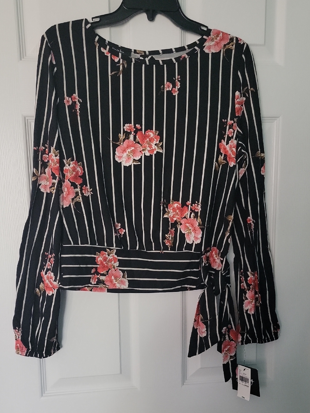 Black Striped Blouse with Pink Floral Print